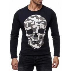 Red Bridge Herren Camo Skull Motiv Longsleeve Pullover Mit Strasssteinen Langarm Shirt Camouflage Schwarz