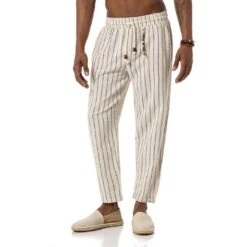 EA7 Geschaft 17 Red Bridge Herren Leinenhose Gestreift Mit Holzperlen