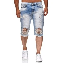 EA7 Geschaft 25 Red Bridge Herren Jeans Short Kurze Hose 3/4 Destroyed Denim Hellblau